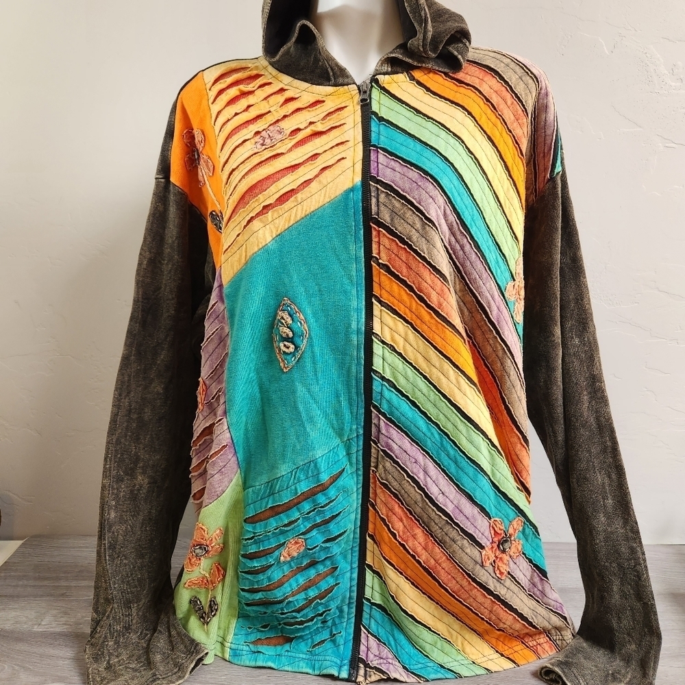 Karma Circle USA Brown Multi Color Hoodie XXXL Full Zip Colorblock‎ Patchwork 3D